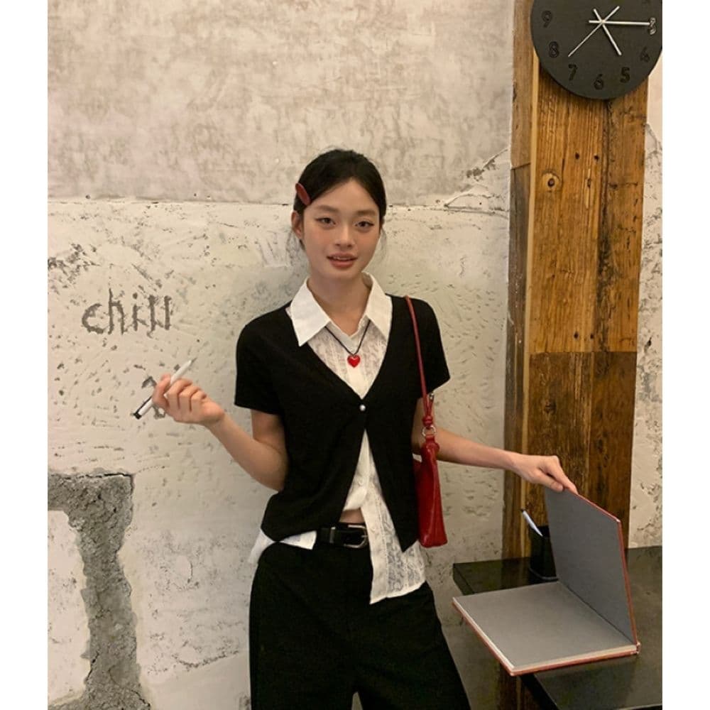 검정색 POLO 칼라 페이크 레이어드 반팔 티셔츠 여성 여름 한 부서 몸매 가꾸기 고유 한 아름다운 다용도 맨위 셔츠 상세 이미지 7