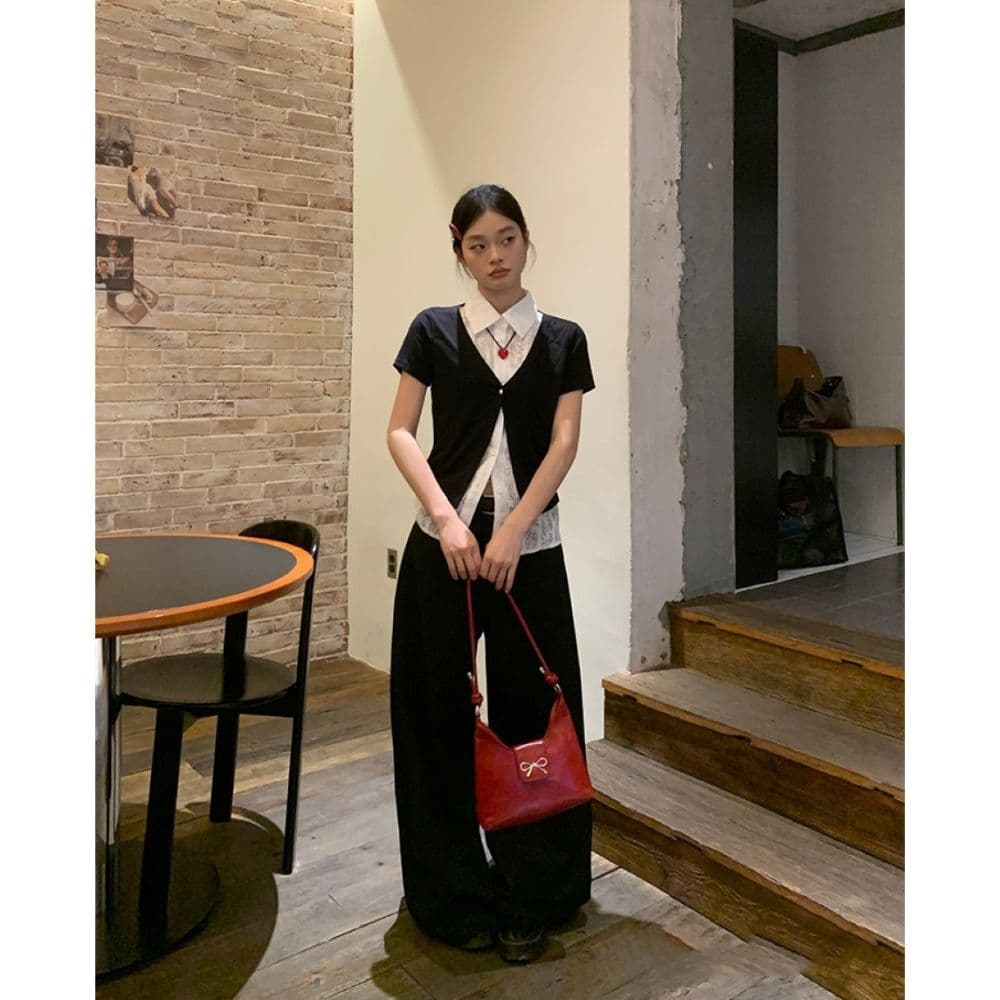 검정색 POLO 칼라 페이크 레이어드 반팔 티셔츠 여성 여름 한 부서 몸매 가꾸기 고유 한 아름다운 다용도 맨위 셔츠 상세 이미지 9