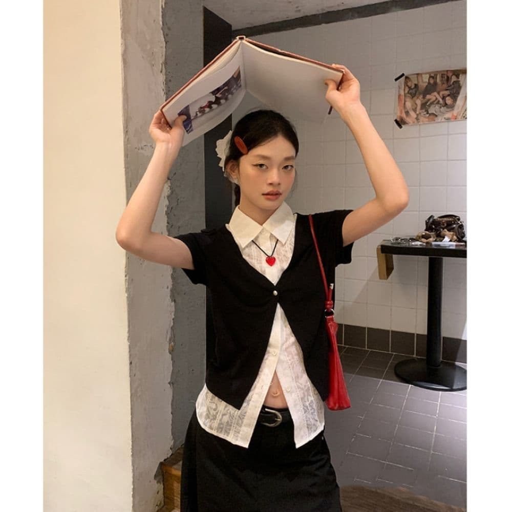 검정색 POLO 칼라 페이크 레이어드 반팔 티셔츠 여성 여름 한 부서 몸매 가꾸기 고유 한 아름다운 다용도 맨위 셔츠 상세 이미지 10