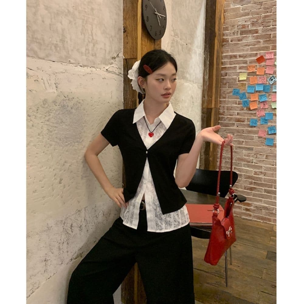 검정색 POLO 칼라 페이크 레이어드 반팔 티셔츠 여성 여름 한 부서 몸매 가꾸기 고유 한 아름다운 다용도 맨위 셔츠 상세 이미지 11