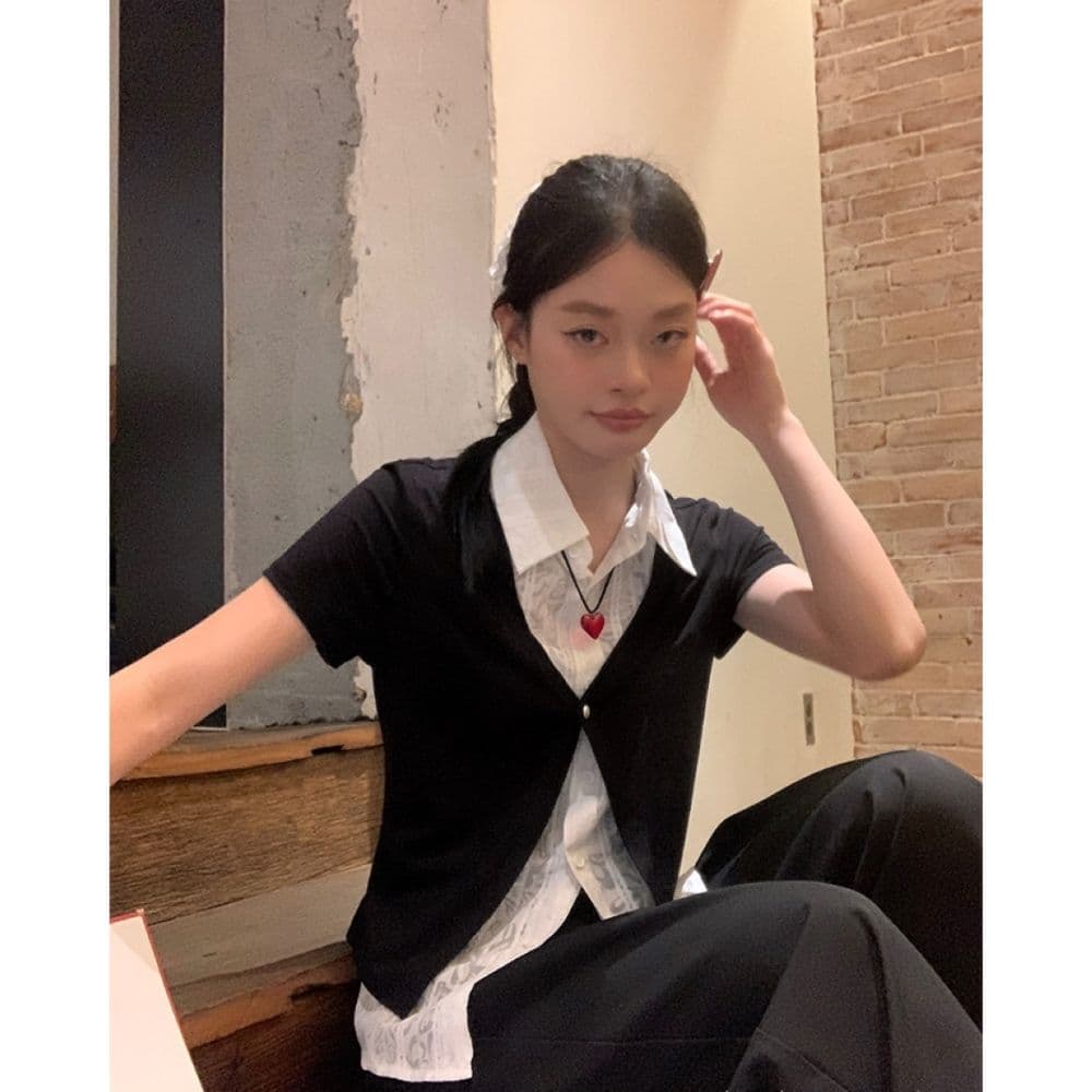 검정색 POLO 칼라 페이크 레이어드 반팔 티셔츠 여성 여름 한 부서 몸매 가꾸기 고유 한 아름다운 다용도 맨위 셔츠 상세 이미지 12