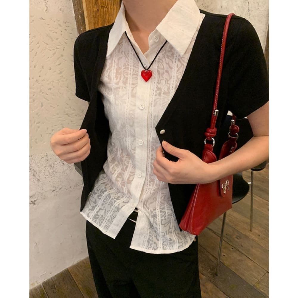 검정색 POLO 칼라 페이크 레이어드 반팔 티셔츠 여성 여름 한 부서 몸매 가꾸기 고유 한 아름다운 다용도 맨위 셔츠 상세 이미지 13