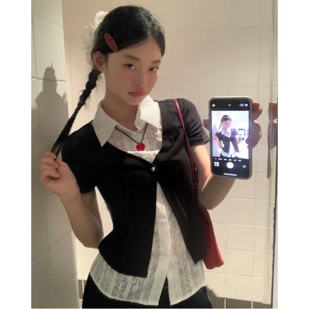 검정색 POLO 칼라 페이크 레이어드 반팔 티셔츠 여성 여름 한 부서 몸매 가꾸기 고유 한 아름다운 다용도 맨위 셔츠 상세 이미지 15