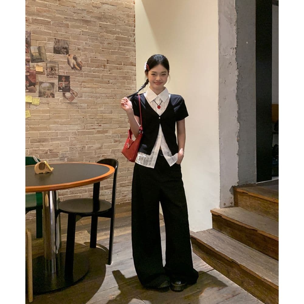 검정색 POLO 칼라 페이크 레이어드 반팔 티셔츠 여성 여름 한 부서 몸매 가꾸기 고유 한 아름다운 다용도 맨위 셔츠 상세 이미지 17