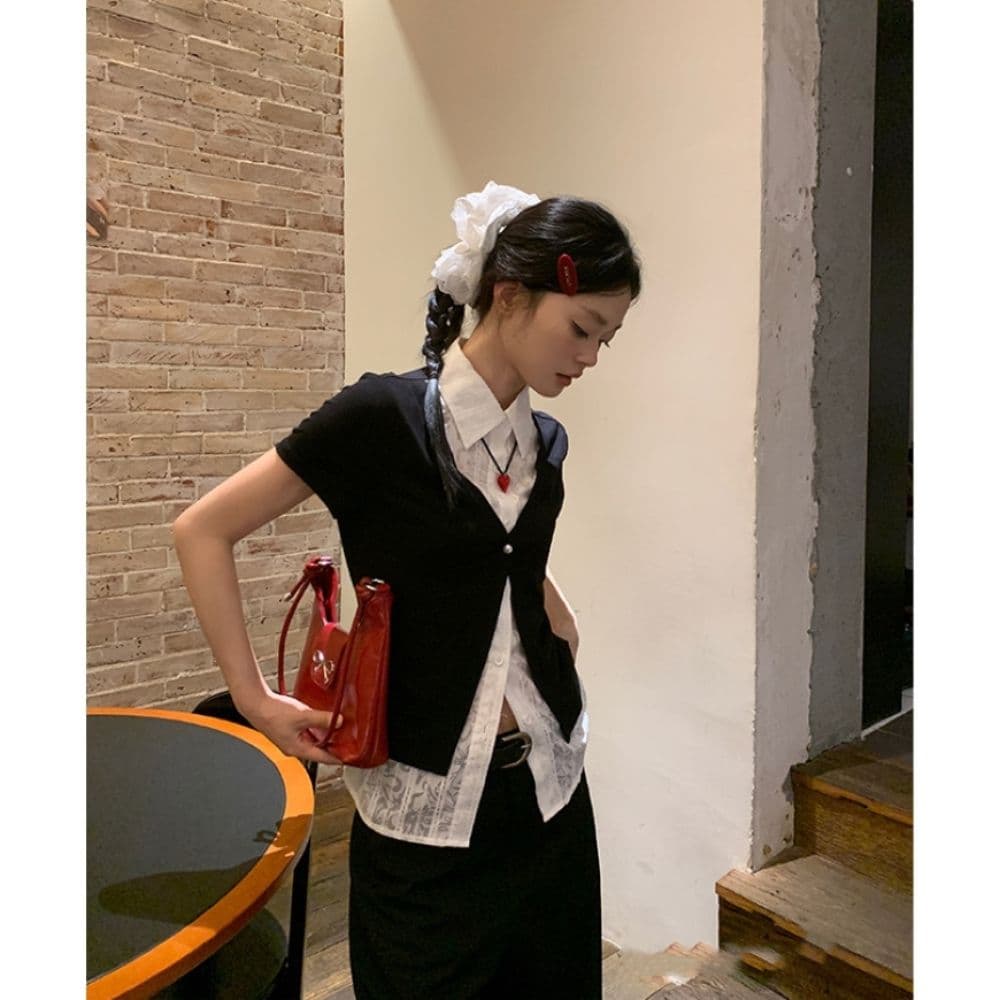 검정색 POLO 칼라 페이크 레이어드 반팔 티셔츠 여성 여름 한 부서 몸매 가꾸기 고유 한 아름다운 다용도 맨위 셔츠 상세 이미지 18