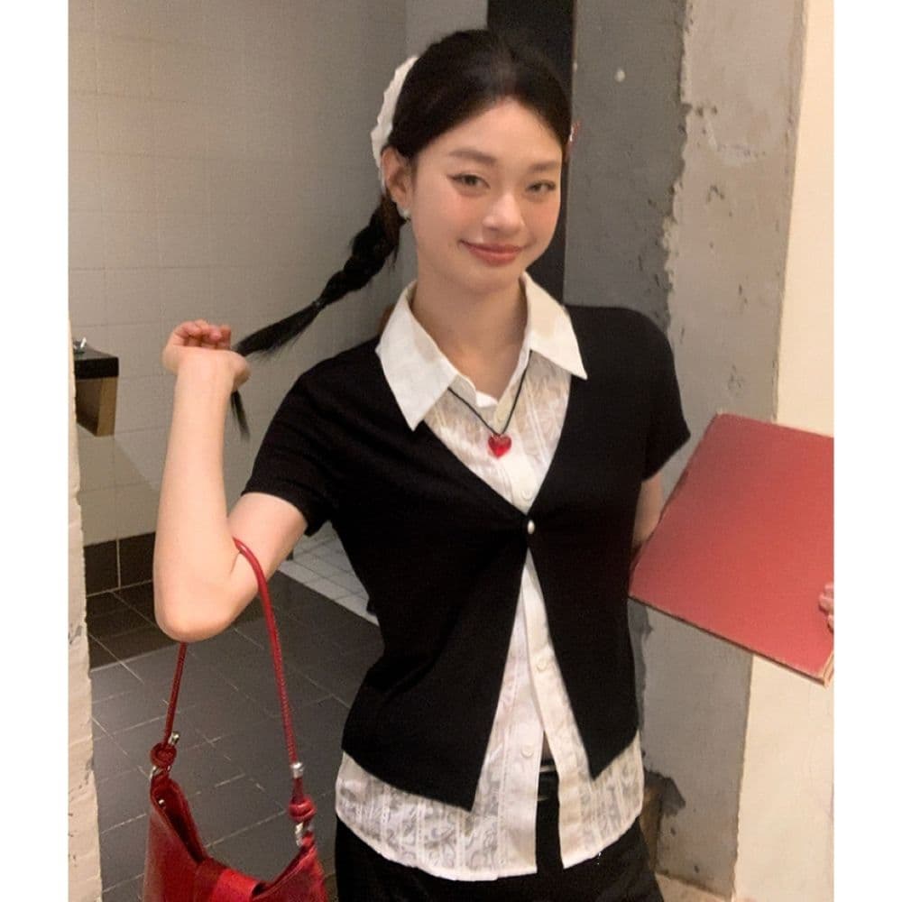 검정색 POLO 칼라 페이크 레이어드 반팔 티셔츠 여성 여름 한 부서 몸매 가꾸기 고유 한 아름다운 다용도 맨위 셔츠 상세 이미지 20