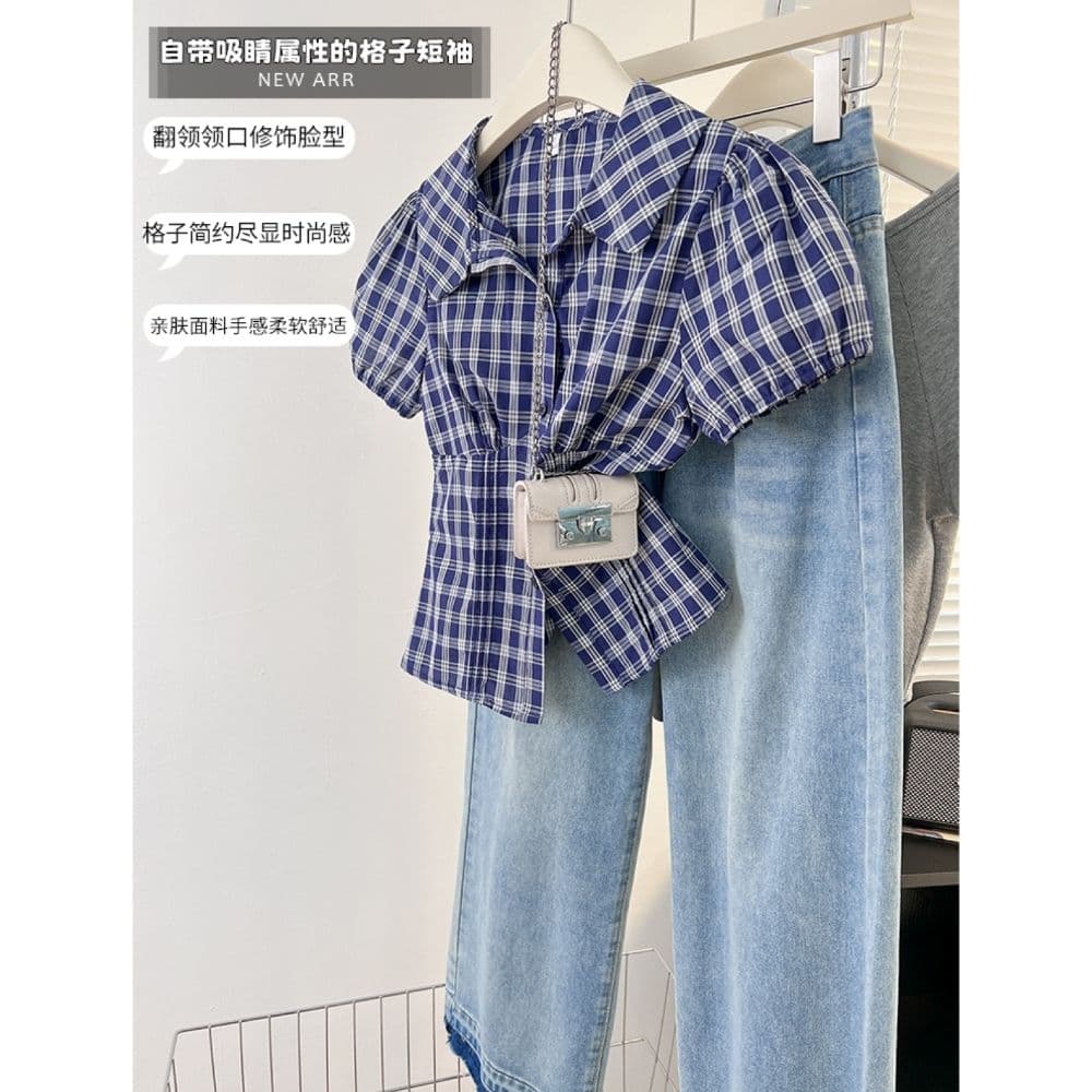 레트로 파란색 체크무늬 폴로 칼라 허리 수축 여성 셔츠 여름 새로운 한 부서 베이비 칼라 연령 감소 버블 반팔 맨위 상세 이미지 6