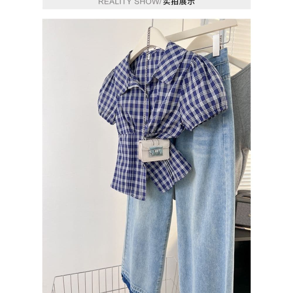 레트로 파란색 체크무늬 폴로 칼라 허리 수축 여성 셔츠 여름 새로운 한 부서 베이비 칼라 연령 감소 버블 반팔 맨위 상세 이미지 7