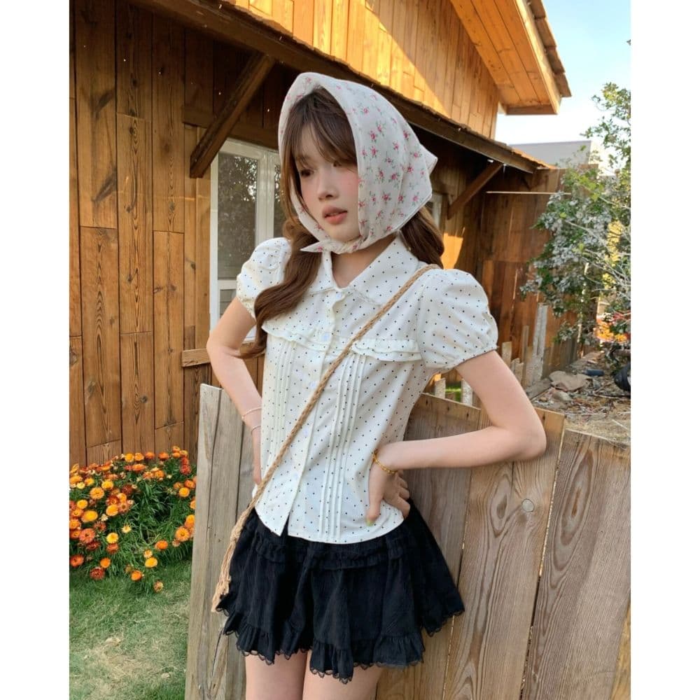 남쪽 법 정원 한 부서 달콤함 레이스 패치워크 아기 거품 소매 베이비 칼라 여성 셔츠 여름 도트 무늬 맨위