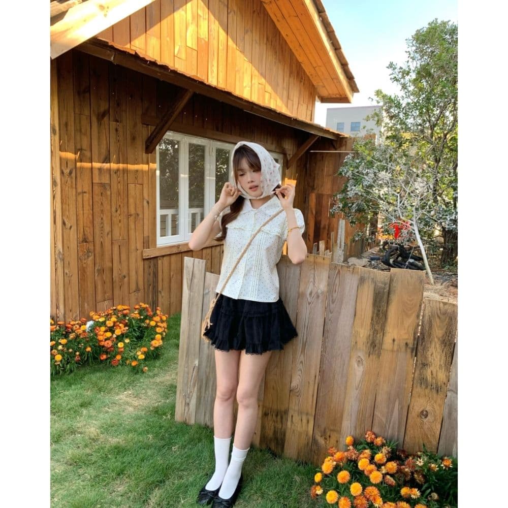 남쪽 법 정원 한 부서 달콤함 레이스 패치워크 아기 거품 소매 베이비 칼라 여성 셔츠 여름 도트 무늬 맨위 이미지 2
