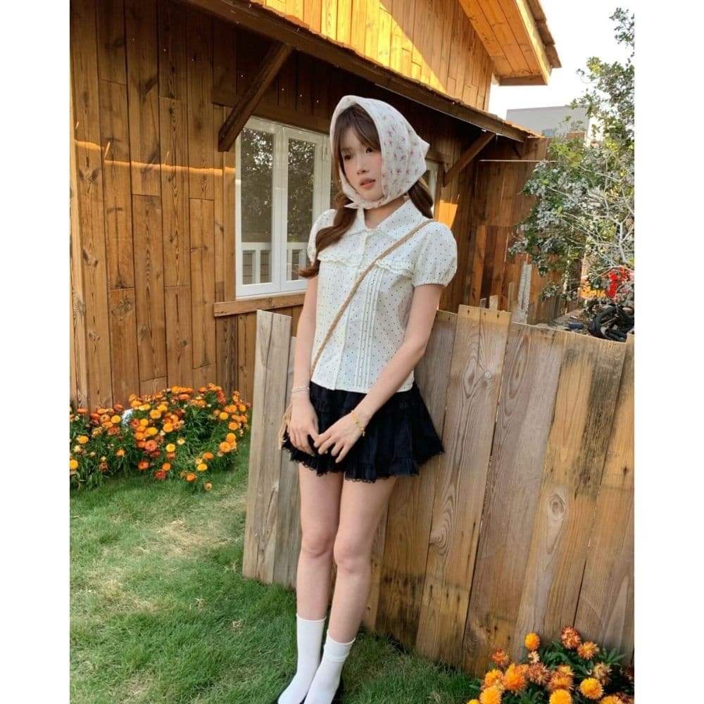 남쪽 법 정원 한 부서 달콤함 레이스 패치워크 아기 거품 소매 베이비 칼라 여성 셔츠 여름 도트 무늬 맨위 상세 이미지 2