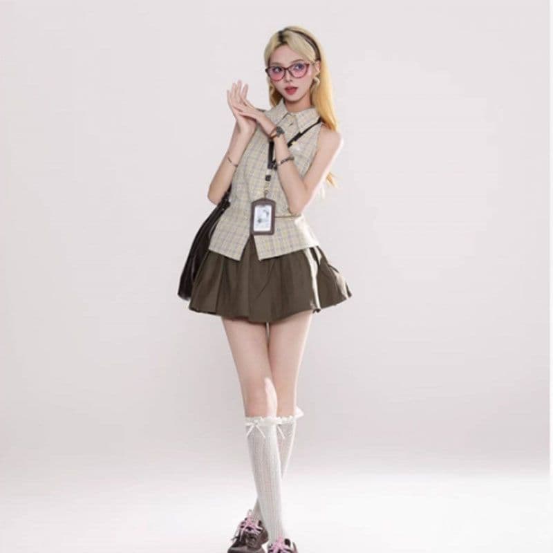 아메리칸 폴로 칼라 민소매 체크무늬 여성 셔츠 여름 2026 새로운 디자인 센스 몸매 가꾸기 허리 수축 셔츠 여자 맨위 상세 이미지 7