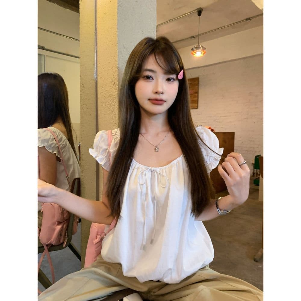 문예 하얀 달빛 거품 소매 작은 셔츠 여성 여름 2026 새로운 달콤함 미니멀리즘 작은 키 반팔 셔츠 짧은 맨위