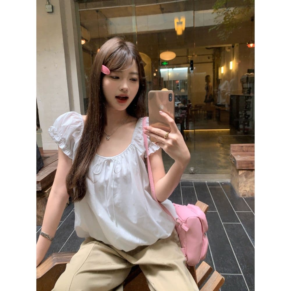 문예 하얀 달빛 거품 소매 작은 셔츠 여성 여름 2026 새로운 달콤함 미니멀리즘 작은 키 반팔 셔츠 짧은 맨위 이미지 3