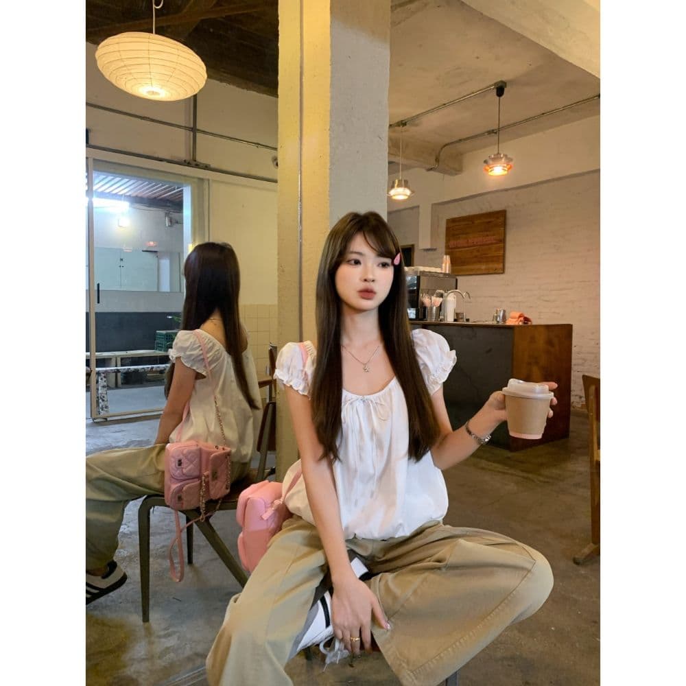 문예 하얀 달빛 거품 소매 작은 셔츠 여성 여름 2026 새로운 달콤함 미니멀리즘 작은 키 반팔 셔츠 짧은 맨위 상세 이미지 14