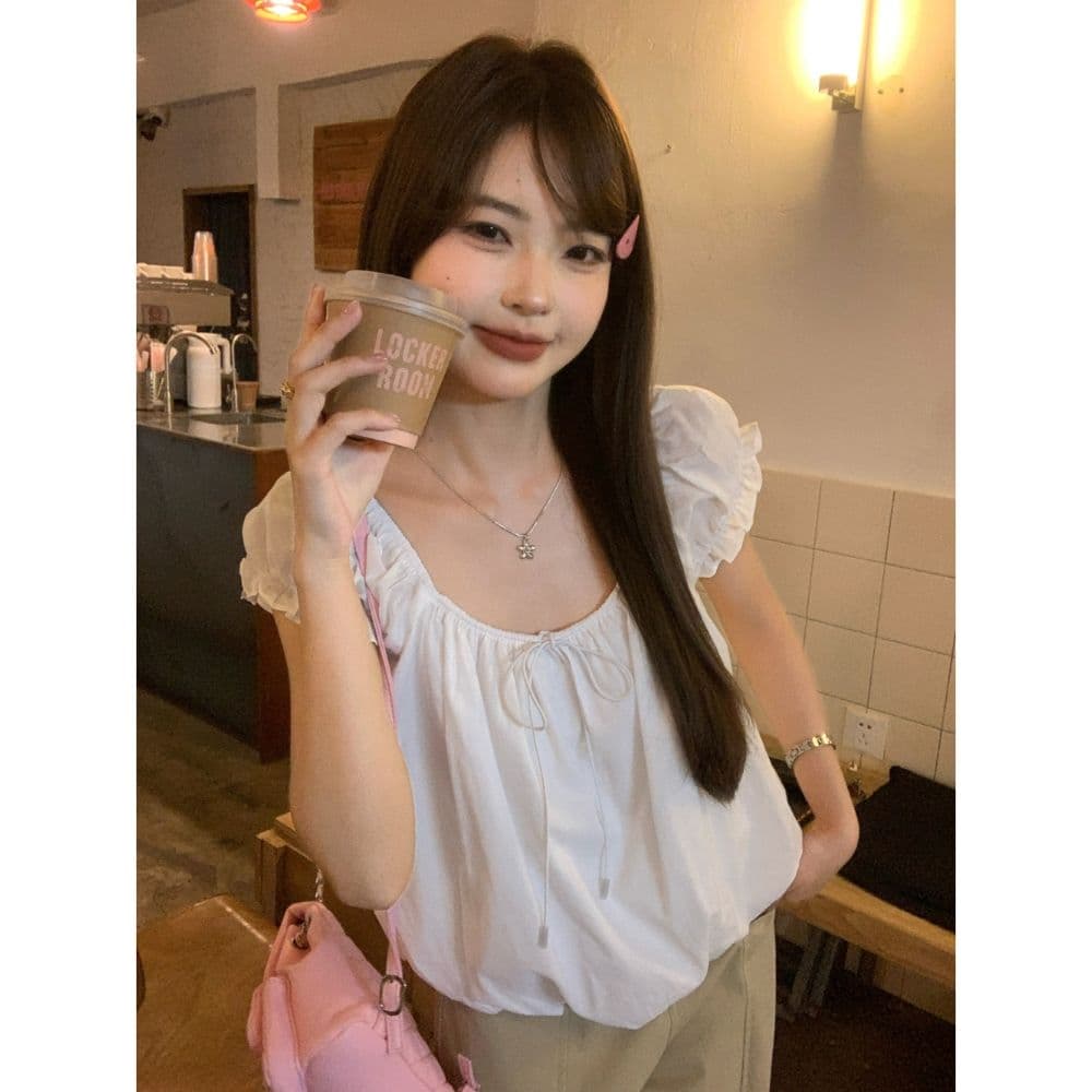 문예 하얀 달빛 거품 소매 작은 셔츠 여성 여름 2026 새로운 달콤함 미니멀리즘 작은 키 반팔 셔츠 짧은 맨위 상세 이미지 15