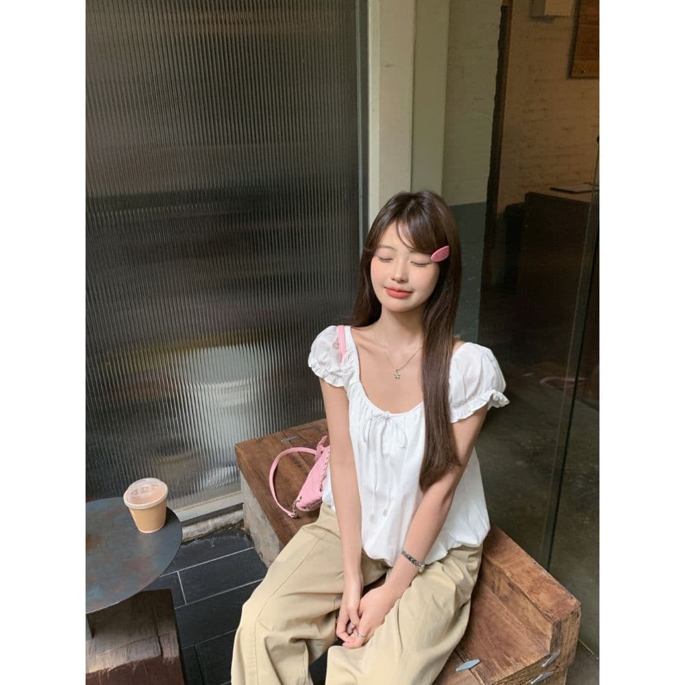 문예 하얀 달빛 거품 소매 작은 셔츠 여성 여름 2026 새로운 달콤함 미니멀리즘 작은 키 반팔 셔츠 짧은 맨위 상세 이미지 23