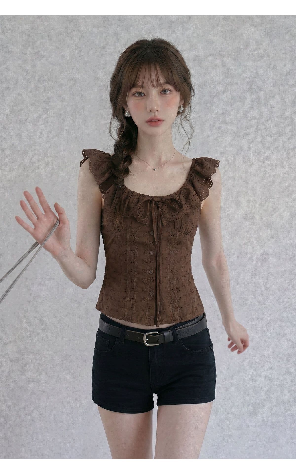 순면 자카드 원단 네리 명중 가져 가라. 프랑스식 보트넥 홀로우 아웃 자수 슬림해 보이는 둘 색상 짧은 조끼 상세 이미지 7