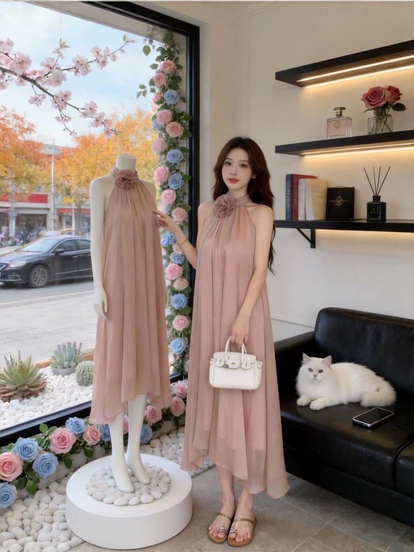 원본 것 프랑스식 부드러운 바람 행침 목 여성 드레스 새로운 디자인 센스 슬림해 보이는 품격 휴가 바람 길다 치마 상세 이미지 1