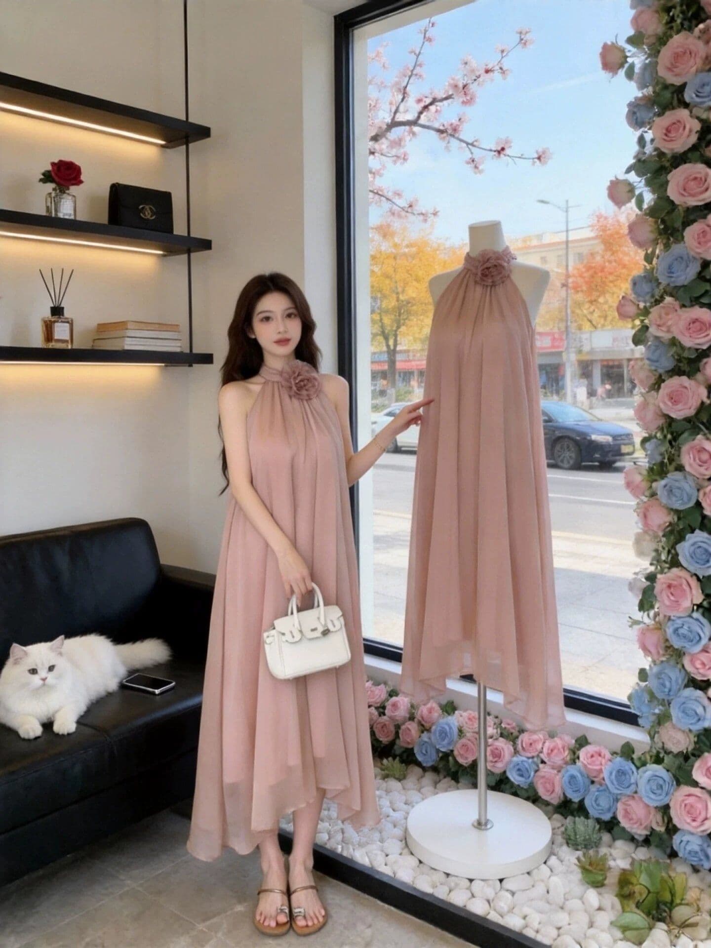 원본 것 프랑스식 부드러운 바람 행침 목 여성 드레스 새로운 디자인 센스 슬림해 보이는 품격 휴가 바람 길다 치마 상세 이미지 2
