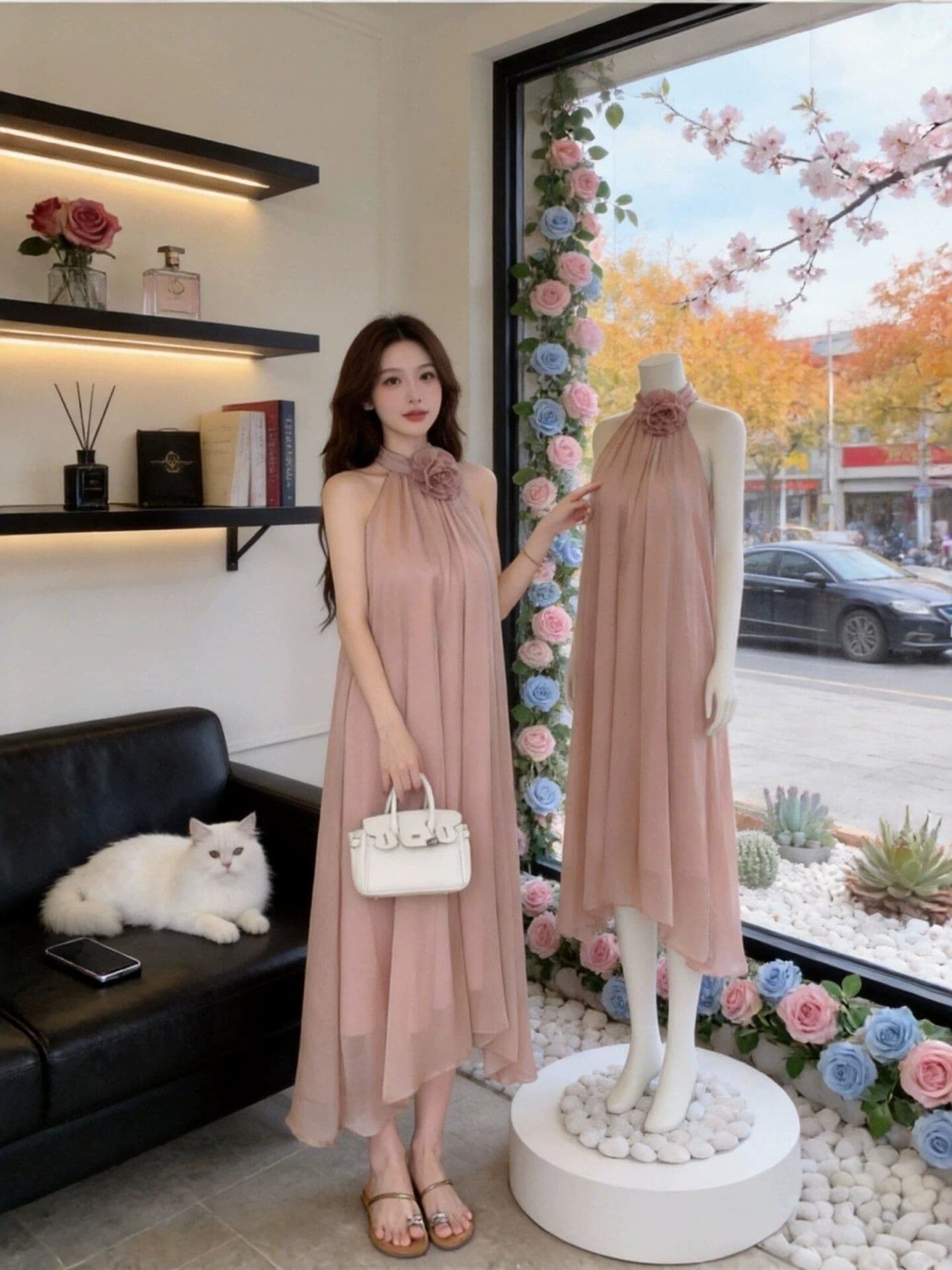 원본 것 프랑스식 부드러운 바람 행침 목 여성 드레스 새로운 디자인 센스 슬림해 보이는 품격 휴가 바람 길다 치마 상세 이미지 4