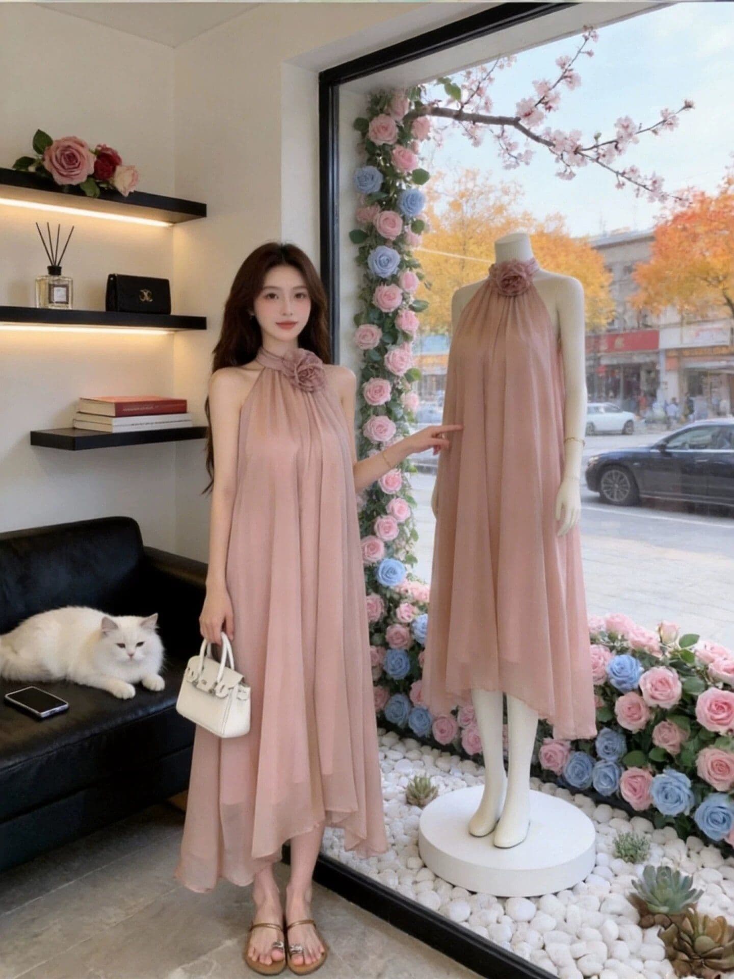 원본 것 프랑스식 부드러운 바람 행침 목 여성 드레스 새로운 디자인 센스 슬림해 보이는 품격 휴가 바람 길다 치마 상세 이미지 5