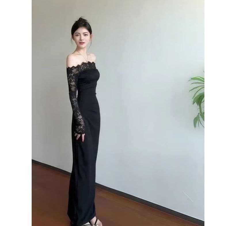 순수한 욕망 레이스 조각 주름 오프숄더 검정색 예복 치마 여성 가을 겨울철 새로운 몸매 가꾸기 긴팔 타이트 스커트 롱 스커트 이미지 3