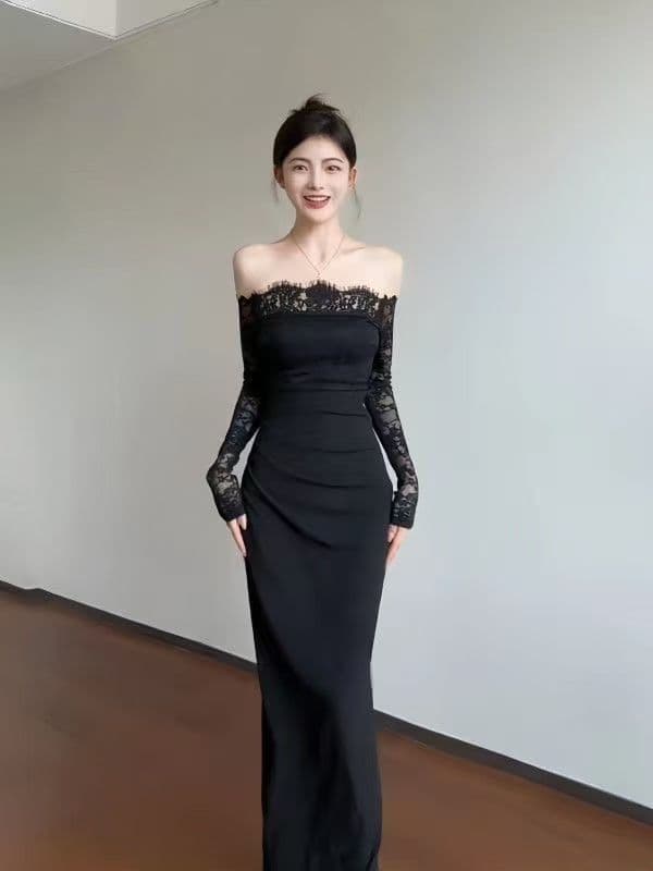 순수한 욕망 레이스 조각 주름 오프숄더 검정색 예복 치마 여성 가을 겨울철 새로운 몸매 가꾸기 긴팔 타이트 스커트 롱 스커트 상세 이미지 1