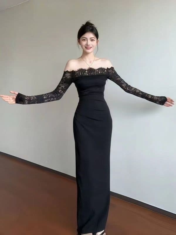 순수한 욕망 레이스 조각 주름 오프숄더 검정색 예복 치마 여성 가을 겨울철 새로운 몸매 가꾸기 긴팔 타이트 스커트 롱 스커트 상세 이미지 2