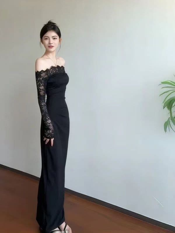 순수한 욕망 레이스 조각 주름 오프숄더 검정색 예복 치마 여성 가을 겨울철 새로운 몸매 가꾸기 긴팔 타이트 스커트 롱 스커트 상세 이미지 3