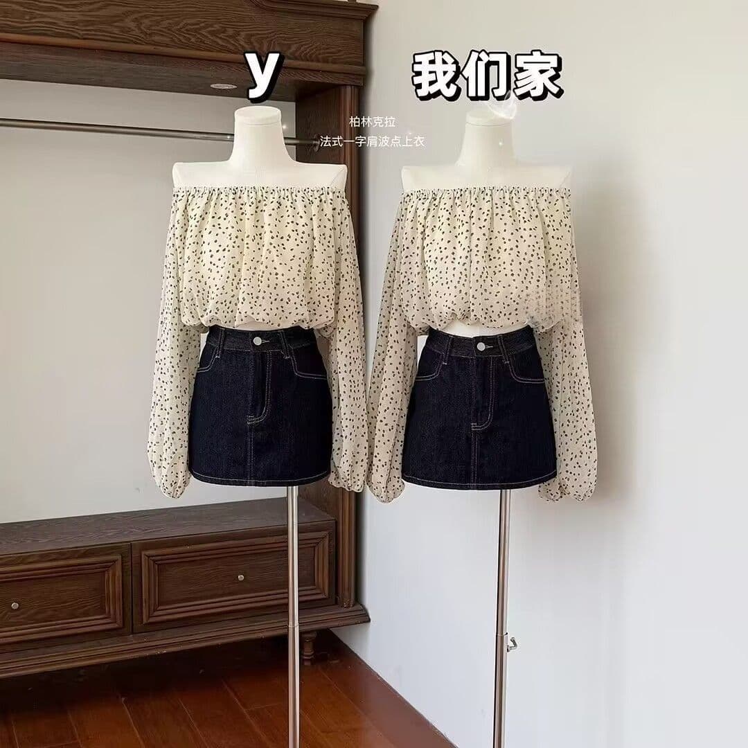 베를린 캐럿 프랑스식 오프숄더 도트 무늬 맨위 여성 봄 여름 새로운 순수한 욕망 바람 쇼트 스타일 긴팔 작은 셔츠 상세 이미지 6
