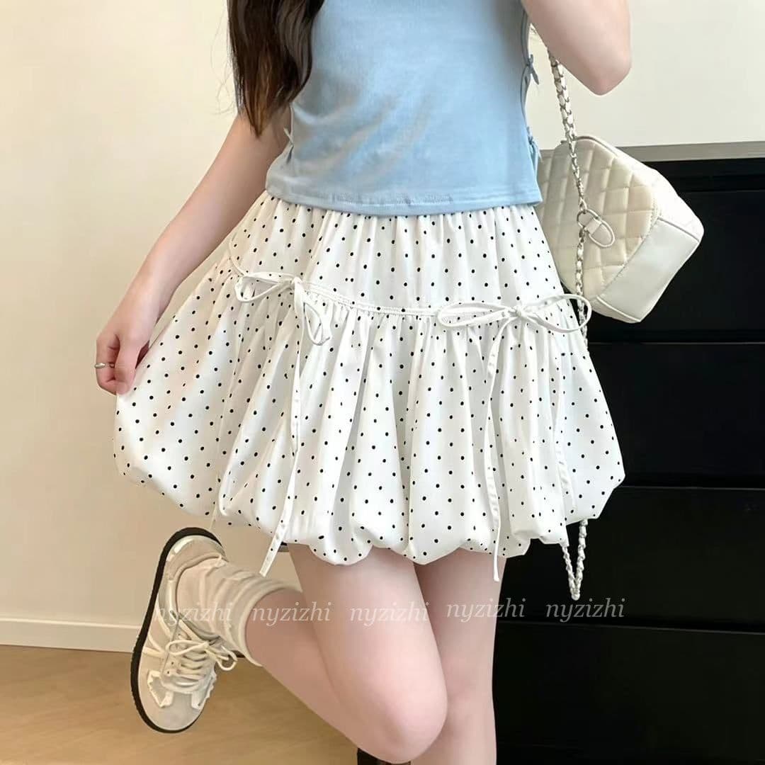 원본 원단 새로운 도트 무늬 나비 매듭 반신 스커트 A라인 스커트 여성 여름 하이웨이스트 꽃밭 치마 퍼프 스커트 이미지 5