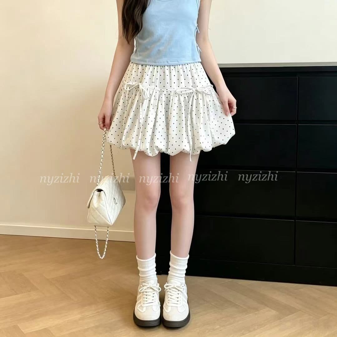 원본 원단 새로운 도트 무늬 나비 매듭 반신 스커트 A라인 스커트 여성 여름 하이웨이스트 꽃밭 치마 퍼프 스커트 상세 이미지 6