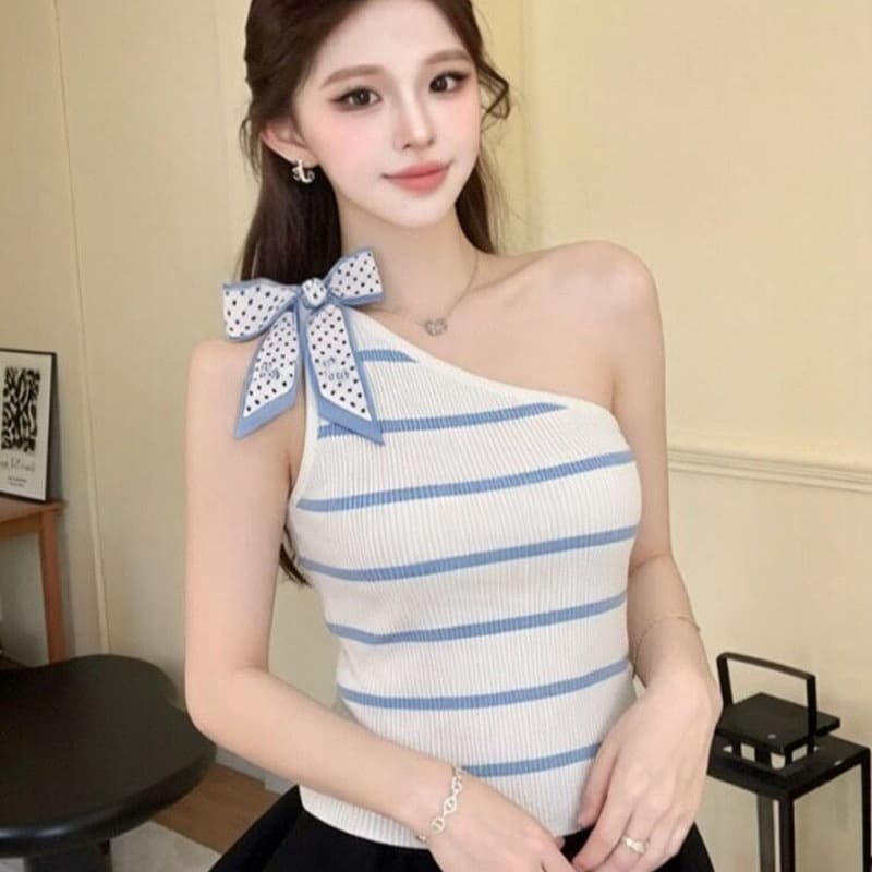 도파민 파란색 스트라이프 비스듬한 어깨 니트 캐미솔 여름 얇은 스타일 순수한 욕망 핫걸 바람 오프숄더 민소매 맨위 이미지 5