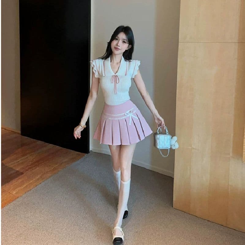순수한 욕망 달콤한 핫걸 배색 폴로 칼라 학원 스타일 작은 날다 소매 짠 셔츠 2026 여름 슬림해 보이는 다용도 작은 맨위 여성 이미지 2