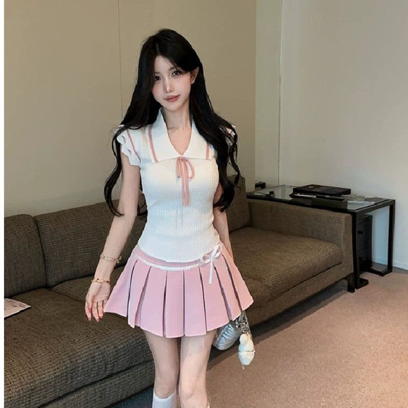 순수한 욕망 달콤한 핫걸 배색 폴로 칼라 학원 스타일 작은 날다 소매 짠 셔츠 2026 여름 슬림해 보이는 다용도 작은 맨위 여성 이미지 3