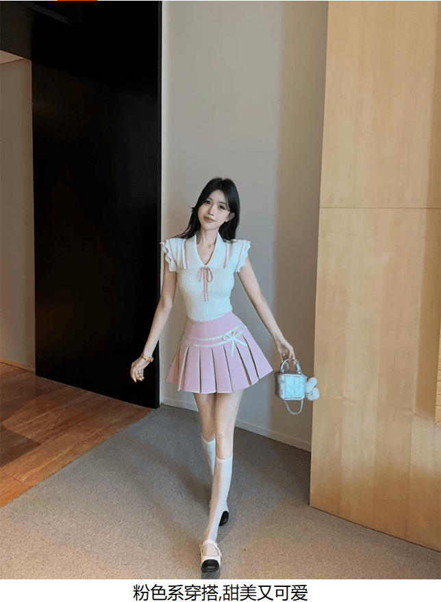 순수한 욕망 달콤한 핫걸 배색 폴로 칼라 학원 스타일 작은 날다 소매 짠 셔츠 2026 여름 슬림해 보이는 다용도 작은 맨위 여성 상세 이미지 1