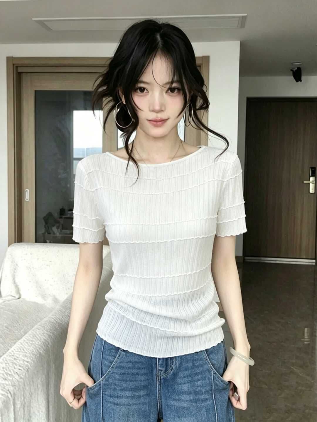 프랑스식 얇은 스타일 질감 센스 반팔 니트 스웨터 여성 2026 여름 디자인 센스 슬림해 보이는 고유 한 아름다운 연령 감소 섹션 맨위 이미지 2