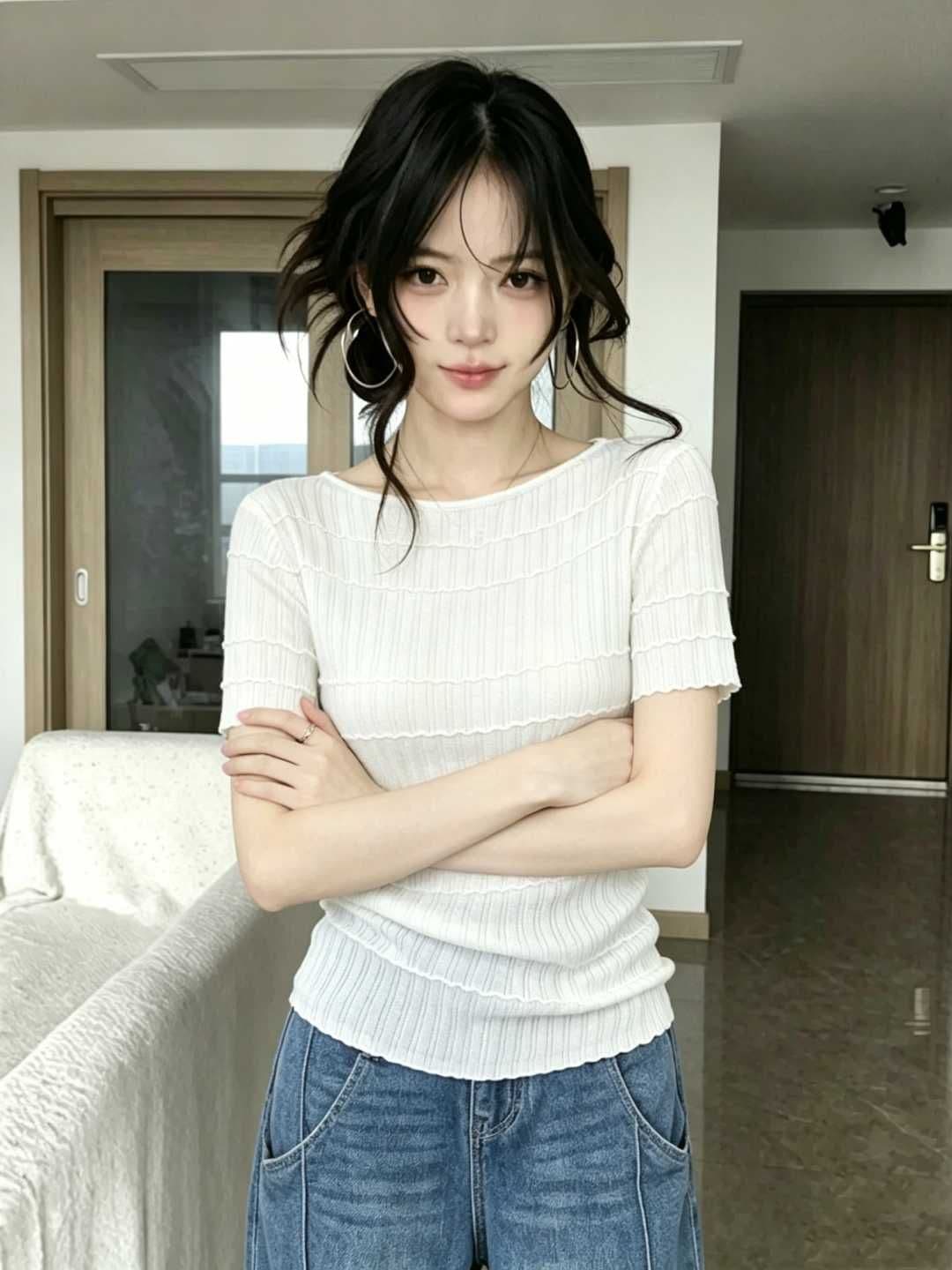 프랑스식 얇은 스타일 질감 센스 반팔 니트 스웨터 여성 2026 여름 디자인 센스 슬림해 보이는 고유 한 아름다운 연령 감소 섹션 맨위 이미지 3