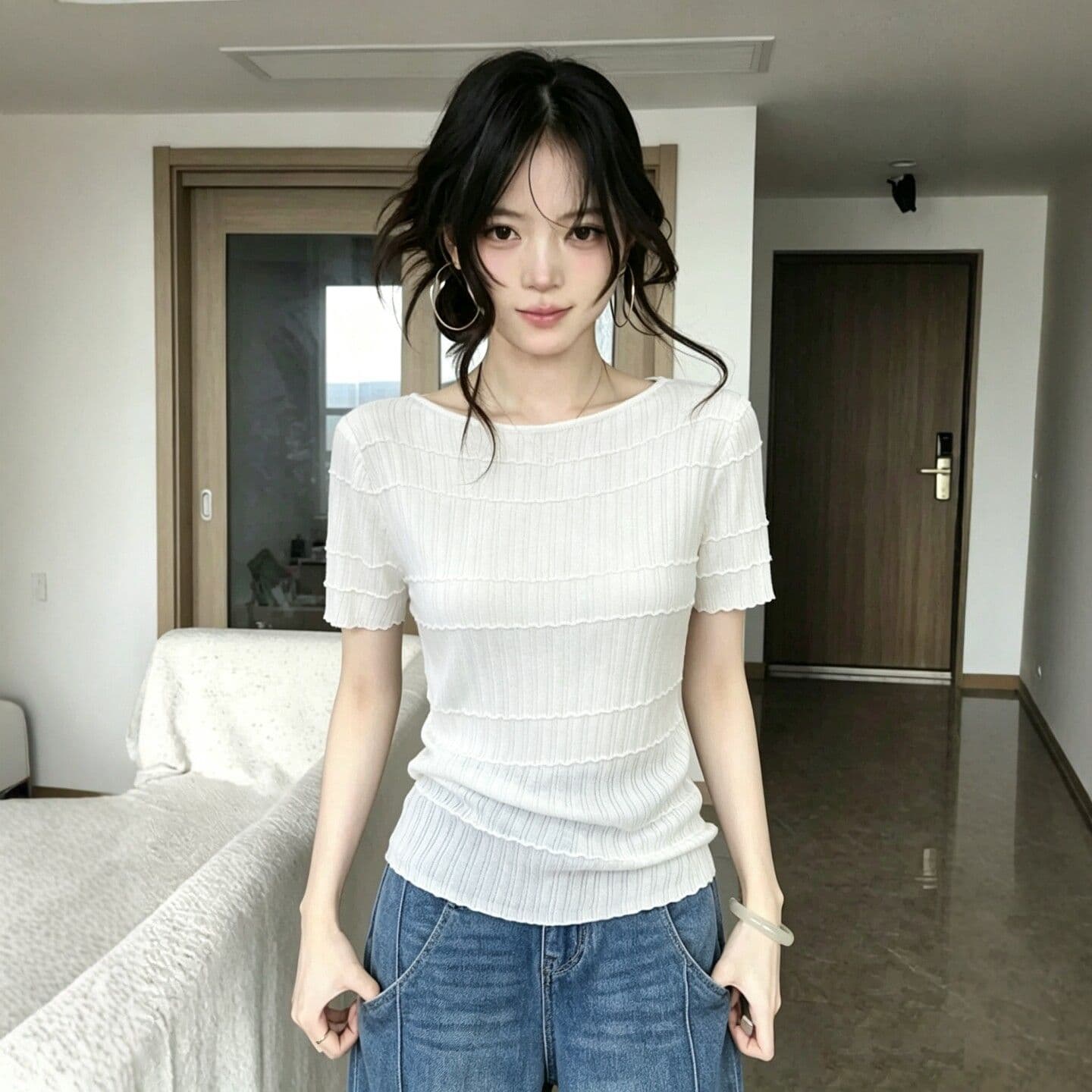프랑스식 얇은 스타일 질감 센스 반팔 니트 스웨터 여성 2026 여름 디자인 센스 슬림해 보이는 고유 한 아름다운 연령 감소 섹션 맨위 상세 이미지 4