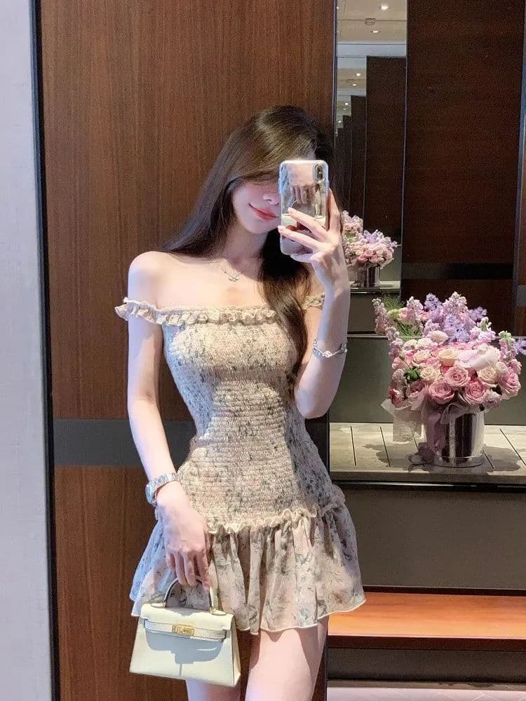 오프숄더 레트로 꽃무늬 민소매 여성 드레스 여름 프릴 몸매 가꾸기 치마 핫걸 허리 수축 한 마디 미니 스커트 이미지 4