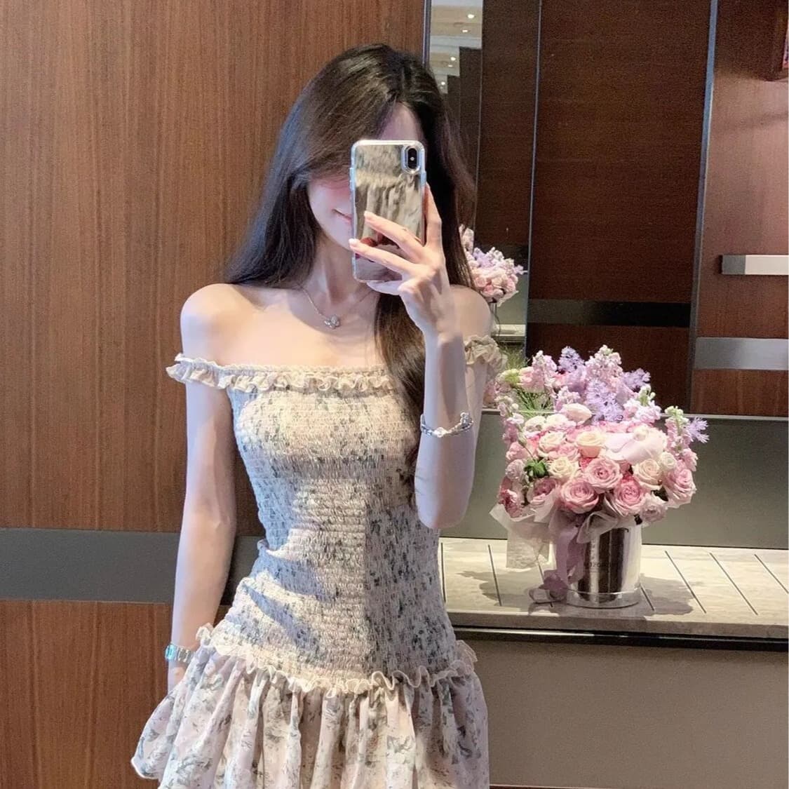 오프숄더 레트로 꽃무늬 민소매 여성 드레스 여름 프릴 몸매 가꾸기 치마 핫걸 허리 수축 한 마디 미니 스커트 이미지 5