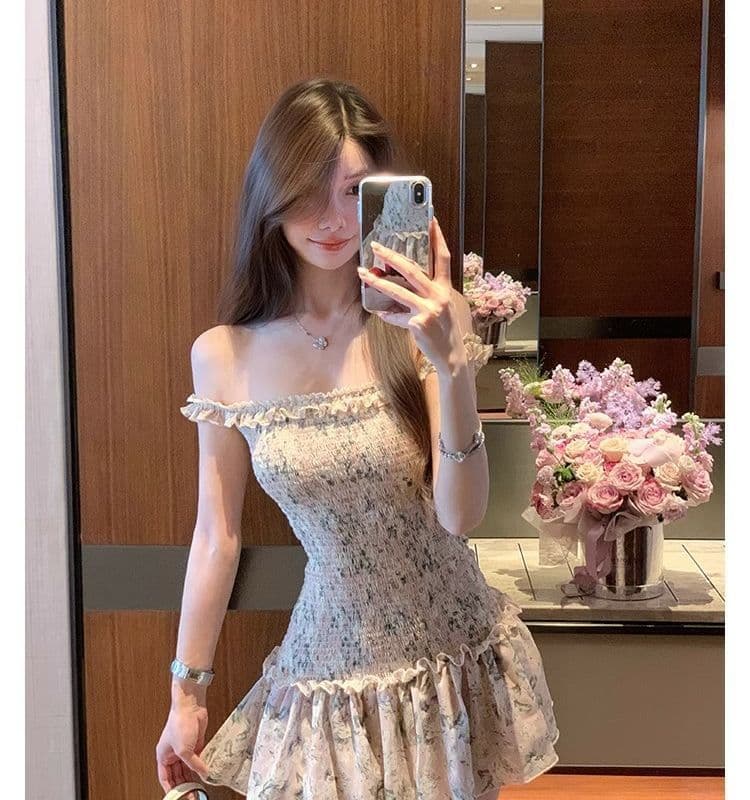 오프숄더 레트로 꽃무늬 민소매 여성 드레스 여름 프릴 몸매 가꾸기 치마 핫걸 허리 수축 한 마디 미니 스커트 상세 이미지 3
