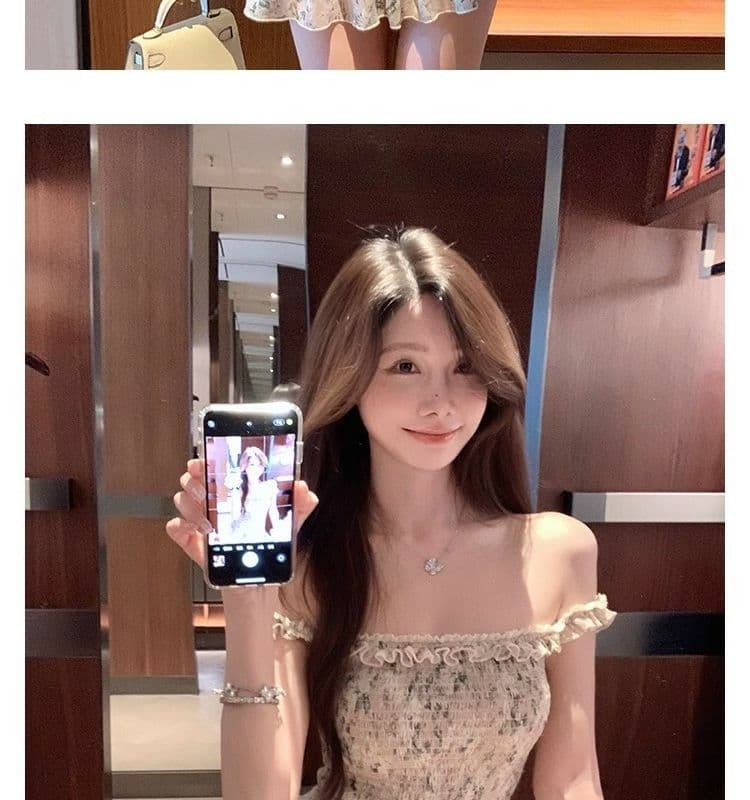 오프숄더 레트로 꽃무늬 민소매 여성 드레스 여름 프릴 몸매 가꾸기 치마 핫걸 허리 수축 한 마디 미니 스커트 상세 이미지 4
