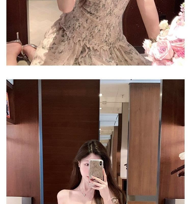 오프숄더 레트로 꽃무늬 민소매 여성 드레스 여름 프릴 몸매 가꾸기 치마 핫걸 허리 수축 한 마디 미니 스커트 상세 이미지 5