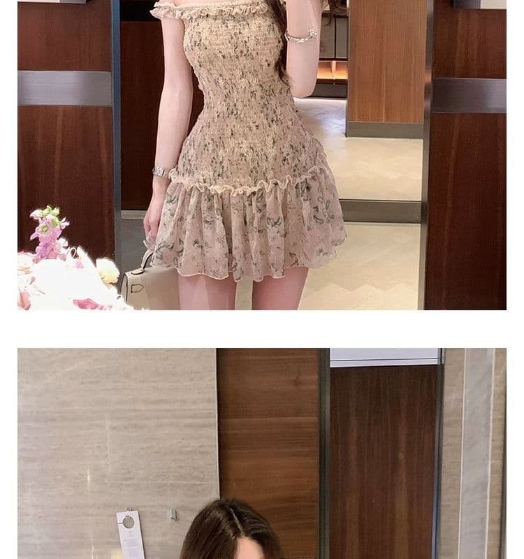 오프숄더 레트로 꽃무늬 민소매 여성 드레스 여름 프릴 몸매 가꾸기 치마 핫걸 허리 수축 한 마디 미니 스커트 상세 이미지 6