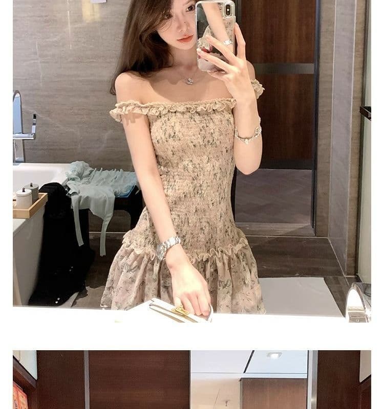 오프숄더 레트로 꽃무늬 민소매 여성 드레스 여름 프릴 몸매 가꾸기 치마 핫걸 허리 수축 한 마디 미니 스커트 상세 이미지 7