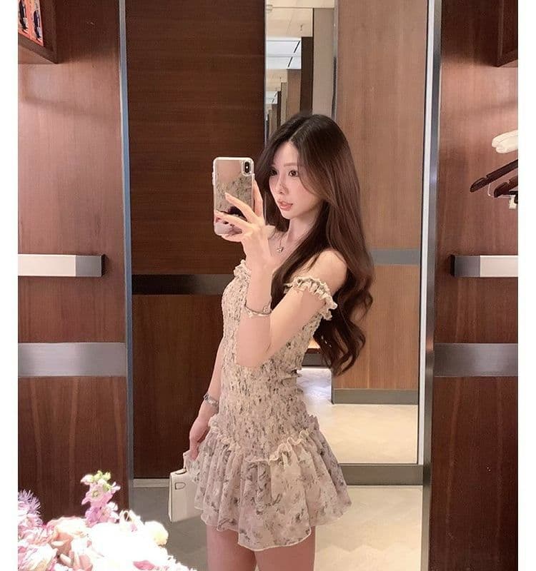 오프숄더 레트로 꽃무늬 민소매 여성 드레스 여름 프릴 몸매 가꾸기 치마 핫걸 허리 수축 한 마디 미니 스커트 상세 이미지 8