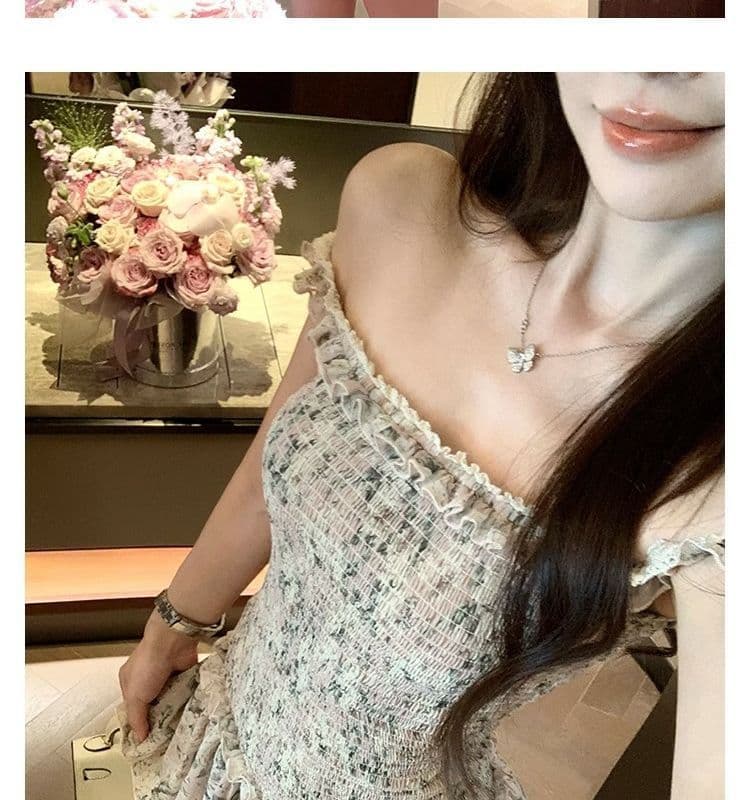 오프숄더 레트로 꽃무늬 민소매 여성 드레스 여름 프릴 몸매 가꾸기 치마 핫걸 허리 수축 한 마디 미니 스커트 상세 이미지 9