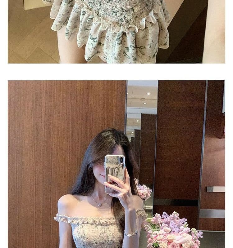 오프숄더 레트로 꽃무늬 민소매 여성 드레스 여름 프릴 몸매 가꾸기 치마 핫걸 허리 수축 한 마디 미니 스커트 상세 이미지 10